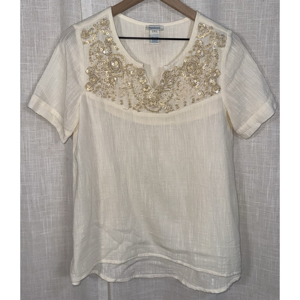Sundance Ivory Beaded Boho Blouse Cotton Cream Tunic Women's‎ Small